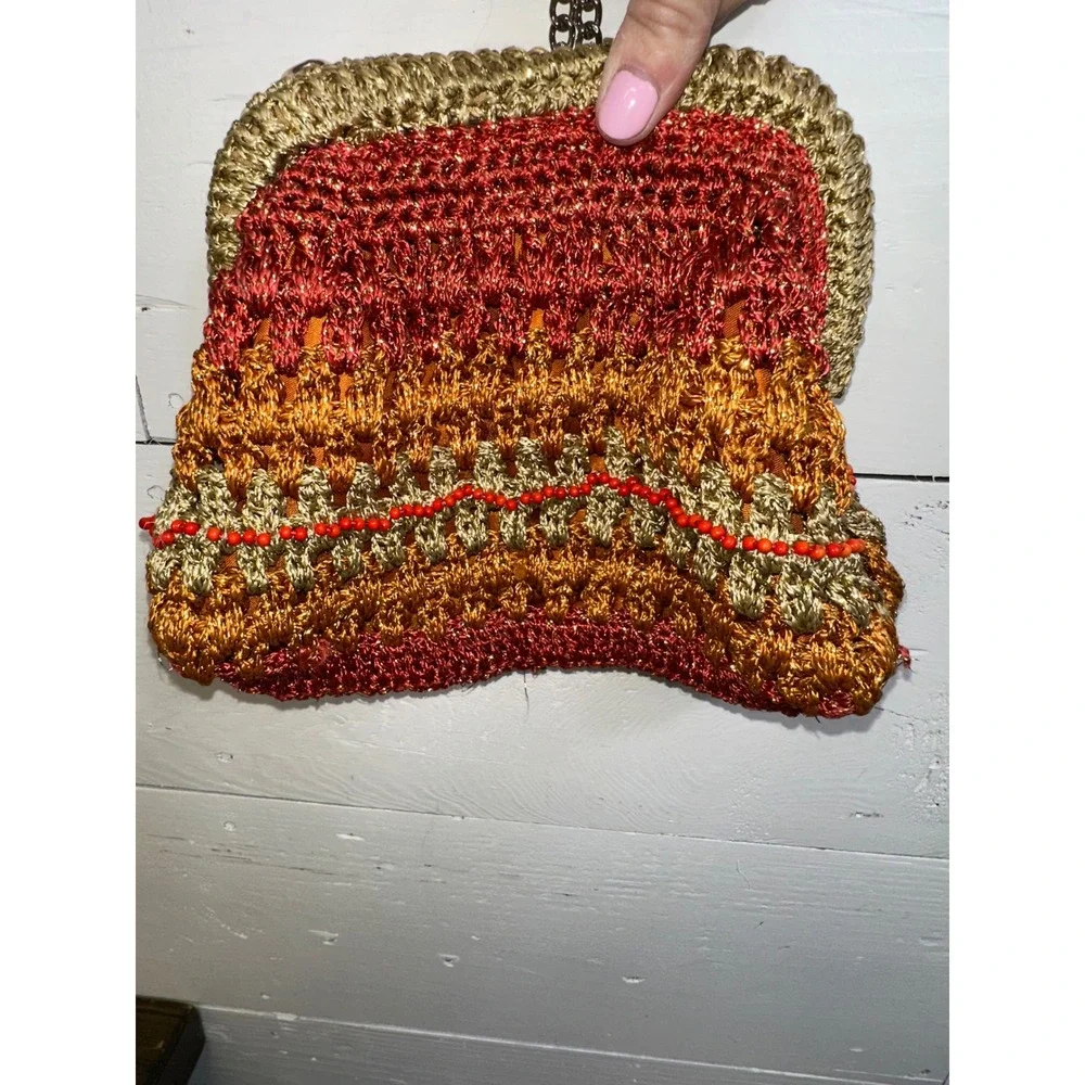 Free People Metallic Crochet Beaded Crossbody Bag Gold Orange Boho Mini Bag
